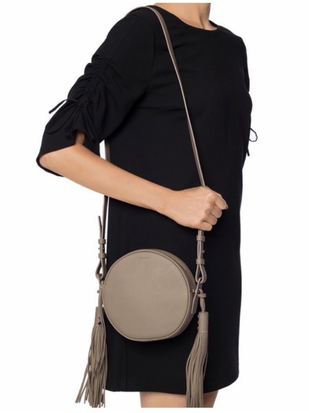 Like New AllSaints Kepi Round Crossbody tassels Pebble Leather Bag